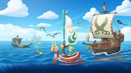 The Legend of Zelda 4K Ultra HD PC desktop wallpaper and background: Wind Waker–style bright ocean scene with Link on a sailboat, seagulls and a pirate ship.