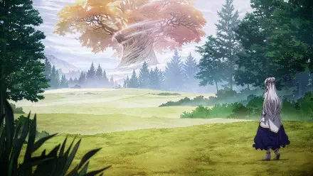 4K Ultra HD PC wallpaper — anime landscape from My Status as an Assassin Obviously Exceeds the Hero’s: lone silver-haired figure on a sunlit plain facing a colossal glowing tree.