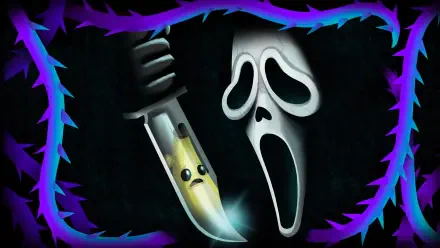 HD PC desktop wallpaper: video game Fortnite Ghostface (Scream) mask screaming beside a smiling, blood-stained knife on a black background framed by jagged purple-blue thorns.