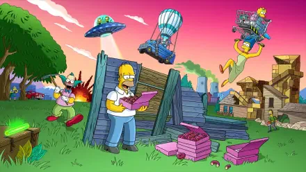 HD PC desktop wallpaper/background of The Simpsons in a Fortnite video game crossover: Homer building wooden cover while gliders and the Battle Bus hover under a pink sunset.