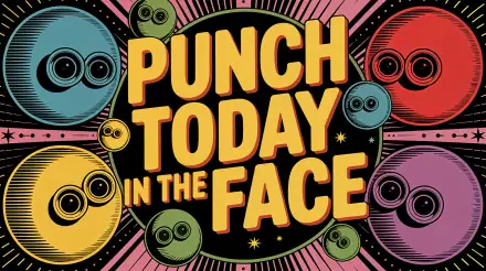 Bold retro pop-art 4K Ultra HD PC desktop wallpaper: giant yellow text PUNCH TODAY IN THE FACE on a black disc surrounded by colorful eyeball planets.