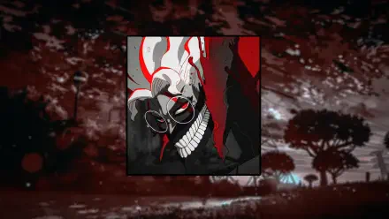 4K Ultra HD PC desktop wallpaper — Dandadan anime edit: red-tinted close-up of a grinning skulllike masked figure with glasses and blood streaks against a dark, blurred forest background.