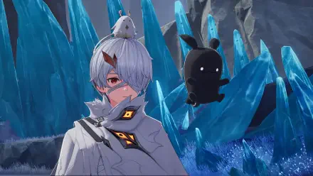 Video game HD PC desktop wallpaper for Duet Night Abyss: silver-haired, eyepatch character with a small bird on their head and a floating black bunny amid glowing blue crystal caverns.