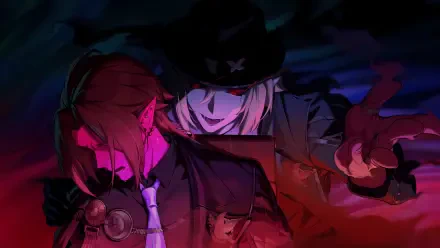 4K Ultra HD PC wallpaper of video game Zenless Zone Zero: Hugo Vlad looming behind a red-lit companion under moody neon shadows.