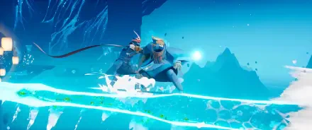 Sword of the Sea video game 2K Quad HD PC desktop wallpaper: two armored sailors duel on a glowing sea-sword above icy blue waters and distant peaks.