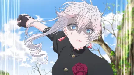 4K Ultra HD PC wallpaper of Scarlett El Vandimion from May I Ask for One Final Thing? — white-haired, blue-eyed anime character in a black uniform with a red rose, reaching toward the viewer.