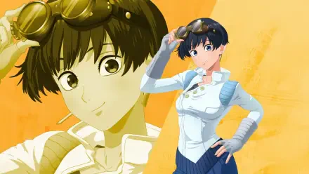 Anime 4K Ultra HD PC wallpaper of Trigun Stargaze's Meryl Stryfe in a white uniform with goggles, posing against an orange textured background.