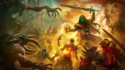 4K Ultra HD video game wallpaper: Hellreaper mage conjures green fire amid skeleton warriors in a fiery fantasy battle for a PC desktop background.