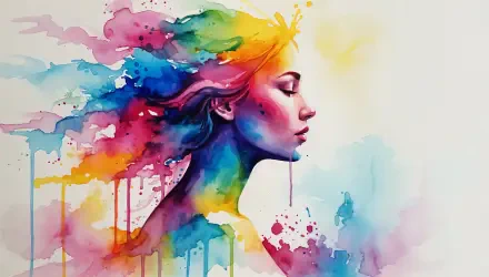 Vibrant watercolor profile of a woman with rainbow paint splashes — 4K Ultra HD PC Desktop Wallpaper and Background.