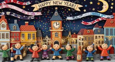 4K Ultra HD PC desktop wallpaper: New Year's Eve mood—cheerful toy townspeople amid confetti and fireworks, clocktower at midnight and a waving Happy New Year! banner.