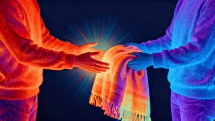 4K Ultra HD PC desktop wallpaper showing two figures in neon orange and purple exchanging a glowing scarf, warm light between hands — spread kindness