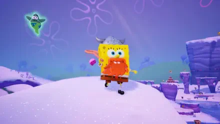 HD PC desktop wallpaper featuring SpongeBob SquarePants from the video game SpongeBob SquarePants: Titans of the Tide running across a snowy purple underwater landscape.