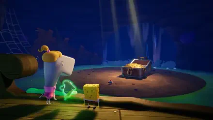 HD PC desktop wallpaper from the video game SpongeBob SquarePants: Titans of the Tide. SpongeBob and Pearl stand on a wooden platform gazing at a glowing treasure chest in a lit cavern.