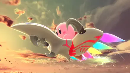 Kirby from Kirby Air Riders racing on a colorful hoverboard through a glowing sunset sky — 2K Quad HD PC desktop wallpaper background