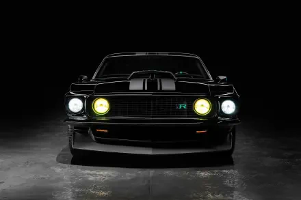 Front view of a black 1969 Ford Mustang Mach 1 with dual hood stripes and glowing headlights, presented as a 2K Quad HD PC desktop wallpaper.