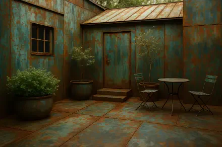 Rusty teal-green metal courtyard with potted shrubs, a bistro table and chairs, and a weathered door and window — 4K Ultra HD PC desktop wallpaper and background.
