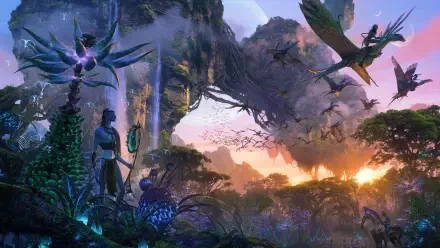 4K Ultra HD PC desktop wallpaper of Avatar: Fire and Ash — a fantasy alien landscape with bioluminescent flora, floating mountains and flying creatures at sunset.