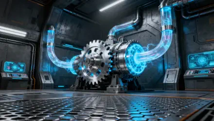 Sci-fi engine room 4K Ultra HD PC desktop wallpaper: central rotating gear core with glowing blue energy conduits, metallic floor and illuminated control panels.