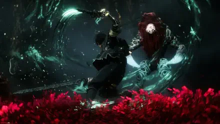 4K Ultra HD PC desktop wallpaper from video game Clair Obscur: Expedition 33 (RPG) — cloaked warrior confronting a spectral adversary amid swirling teal energy above a field of red flowers.