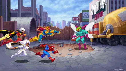 Pixel-art HD PC desktop wallpaper for MARVEL Cosmic Invasion video game: Spider-Man and two Marvel allies clash with a giant insectoid villain on a cracked city street.