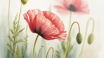 4K Ultra HD PC desktop wallpaper and background: delicate red poppies and nodding buds against soft pastel greens with dreamy, blurred blossoms.