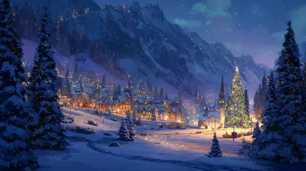 4K Ultra HD PC desktop wallpaper: snowy Christmas village at dusk, glowing lights and a decorated tree by a snow-covered river, pine trees and towering starlit mountains in the background.