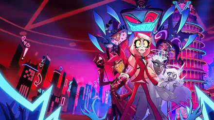 Hazbin Hotel 4K Ultra HD PC desktop wallpaper: vivid neon cityscape with a wide-eyed red-suited lead flanked by mischievous, flamboyant demonic companions and a grinning radio-demon backdrop.
