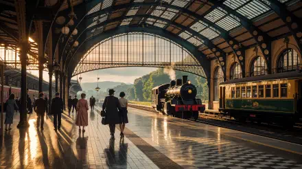 Historic train station platform at sunset with a steam locomotive and passengers, cinematic light on reflective tiles — 4K Ultra HD PC Desktop Wallpaper and Background.