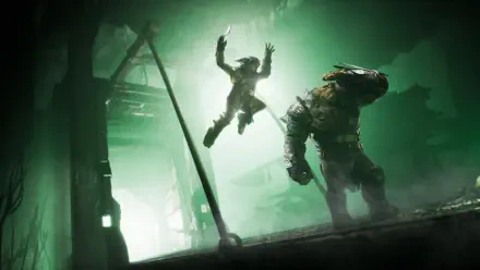 HD PC desktop wallpaper from the video game Styx: Blades of Greed — a green-lit ambush as a nimble goblin assassin leaps onto a hulking armored guard in an industrial cavern.