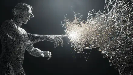 4K Ultra HD PC desktop wallpaper/background: wireframe humanoid reaches toward a luminous burst of interconnected geometric nodes against a moody dark backdrop.