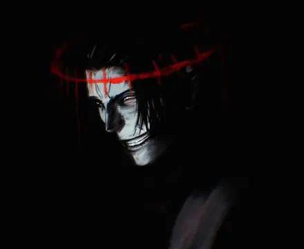 4K dark anime PC wallpaper of Suguru Geto (Jujutsu Kaisen): shadowed profile with pale face, sinister grin and a smeared red halo across his brow.