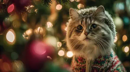 4K Ultra HD PC desktop wallpaper: fluffy holiday cat in a festive sweater beside glowing Christmas tree lights and ornaments.