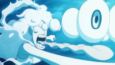 HD PC desktop wallpaper/background of One Piece anime character Jewelry Bonney in Gear 5 — blue-toned action shot with elongated limbs and a spiral eye projectile.