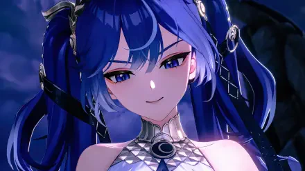 4K Ultra HD PC wallpaper of Iuno (Wuthering Waves): close-up anime girl with long blue hair, ornate headgear and silver armor, smirking against a moody dark background.