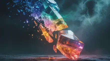 Vibrant floating multicolored crystal shards over a stormy teal sky — 4K Ultra HD PC Desktop Wallpaper and Background.