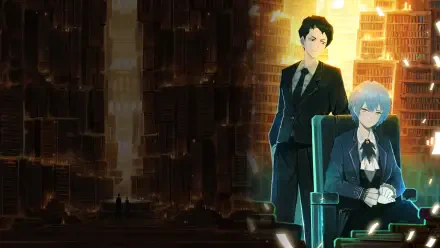 4K Ultra HD PC wallpaper from the video game Library Of Ruina: two suited figures—blue‑haired woman seated, dark‑haired man standing—before towering, warmly lit library shelves.