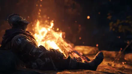 2K Quad HD Dark Souls III wallpaper: armored knight rests beside a glowing bonfire in a dark, embers-filled forest — video game desktop background.