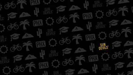 Black HD PC wallpaper with repeating gray Arizona State University icons—cactus, palm, bike, graduation cap, PHX and sun—plus a small gold Sun Devils logo.
