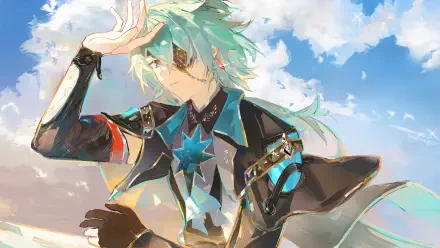 2K Quad HD PC desktop wallpaper of Anaxa from the video game Honkai: Star Rail — anime boy with mint-green hair, eyepatch and star-emblazoned outfit, hand-to-forehead pose against a bright sky.