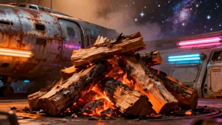 Burning firewood pile on a sci‑fi landing pad with neon lights and a starry sky — 4K Ultra HD PC Desktop Wallpaper and Background.