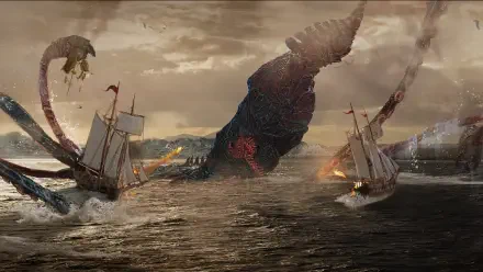 Ashes of Creation 5K Ultra HD PC desktop wallpaper: a towering kraken monster surges from stormy seas, its tentacles crushing burning sailing ships.