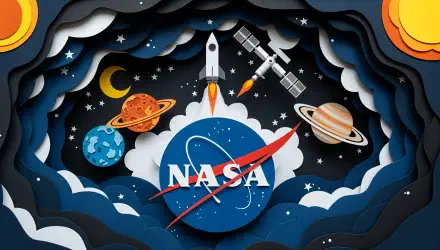 NASA 4K Ultra HD PC desktop wallpaper/background: stylized paper-cut space scene with NASA logo center, rocket launch, satellite, planets, stars and a crescent moon.