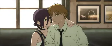 Anime 2K Quad HD PC desktop wallpaper/background of Chainsaw Man characters Reze and Denji: Reze leans on Denji's shoulder in a sunlit room, close and tender, with soft warm tones.