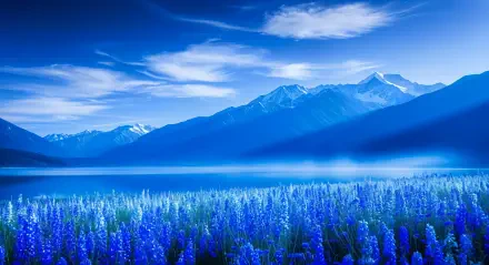 4K Ultra HD PC desktop wallpaper and background: panoramic blue mountains above a misty lake, with a foreground field of blue wildflowers under wispy clouds.