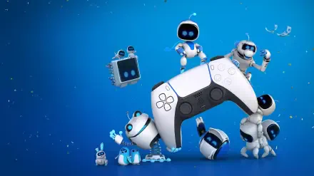 4K Ultra HD PC desktop wallpaper: video game Astro Bot Rescue Mission characters swarm a floating PlayStation 5 DualSense controller on a vibrant blue background.