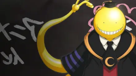 Assassination Classroom 2K Quad HD PC desktop wallpaper: grinning yellow tentacled teacher in graduation robe and mortarboard against a dark chalkboard backdrop.