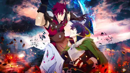 The Rising of the Shield Hero 4K Ultra HD PC desktop wallpaper showing Naofumi with his shield confronting a red‑haired warrior amid fiery debris and a swirling cosmic sky.