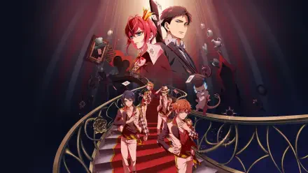 Disney Twisted-Wonderland 4K Ultra HD PC desktop wallpaper and background: characters in elegant uniforms descend a red-carpet spiral staircase under dramatic spotlighting.