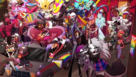 Helluva Boss 4K Ultra HD PC Desktop Wallpaper and Background: colorful cast in dynamic poses around a rainbow-decorated car, neon lights and chaotic city nightlife.