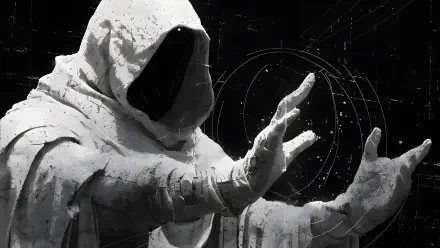 Black & white 2K Quad HD PC desktop wallpaper showing a dark, hooded, faceless character in a white cloak reaching forward against a starry, geometric black background.